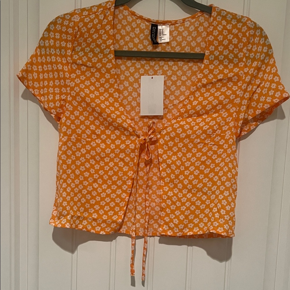Divided Orange Floral Tie-Front Crop Top